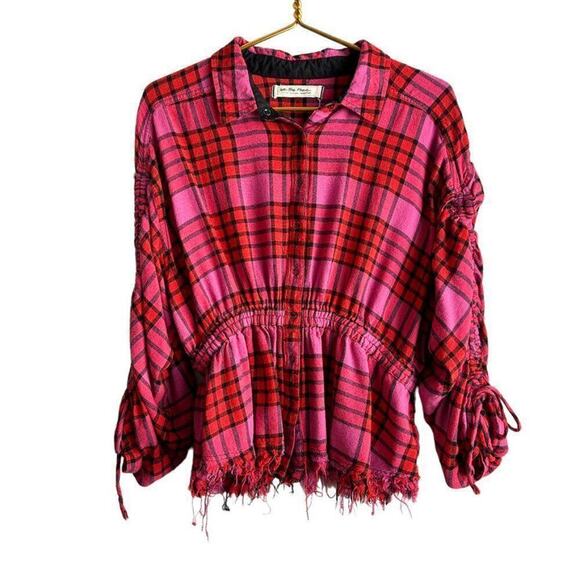 Free People Pacific Dawn Plaid Shirt Women's M Red Pink Wool Blend Long Sleeve - Picture 1 of 5